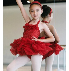 Red sequined strap girls kids children competition performance professional  leotard tutu skirt ballet dance dresses costumes